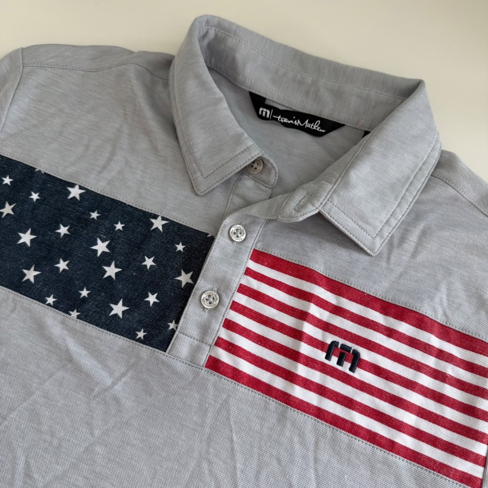 Travis Mathew American Flag USA Short Sleeve Polo Men's Small Gray Golf